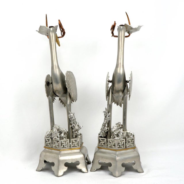 Chinese Pair Chinese Mixed-Metal Pewter Crane Sculptures Candlesticks For Sale - Image 3 of 12