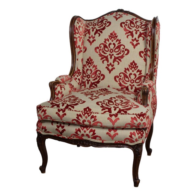 Late 19th to Early 20th Century French Louis XV Style Wingback Chair Walnut Cowtan and Tout Fabric For Sale