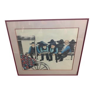 John Showalter Amish Men on Bench 1989 Sketching, 25x28 For Sale