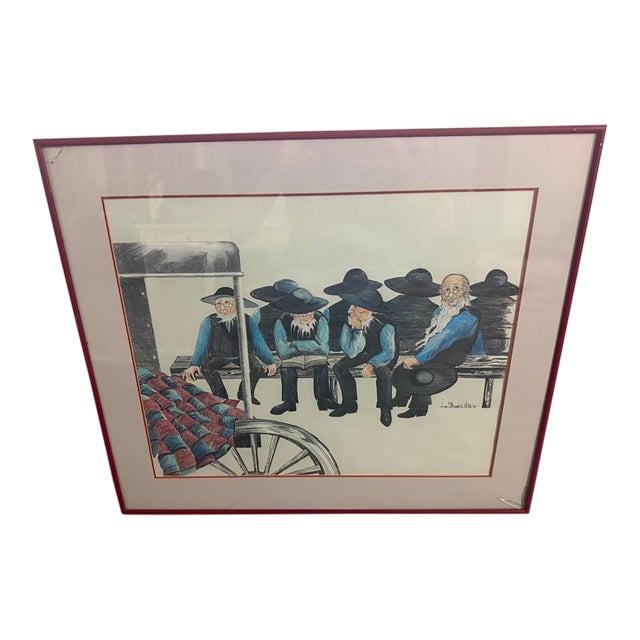 John Showalter Amish Men on Bench 1989 Sketching, 25x28 For Sale