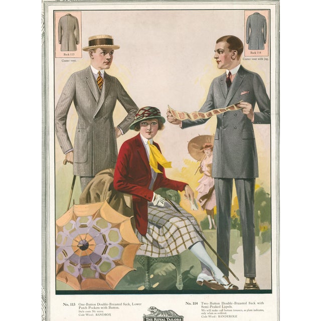 Original vintage fashion advertising plate from The Royal Tailors, 'In 10,000 Cities.' Features No. 113, a one-button...