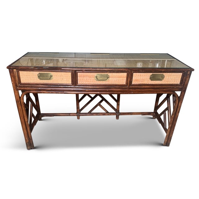Brown Mid-Century Modern Rattan Side Table with Glazed Top, 1950s For Sale - Image 8 of 10