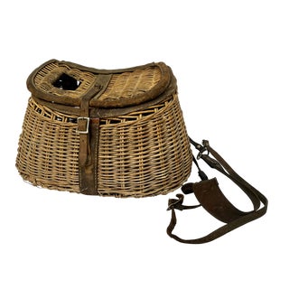Mid 20th Century Vintage British Leather Trimmed Wicker Fishing Basket For Sale