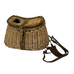 Mid 20th Century Vintage British Leather Trimmed Wicker Fishing Basket