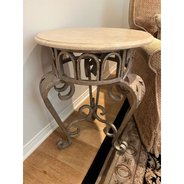 Beautiful Unique Design, Custom Made Round Rot Iron End Table, Accented in Gold colors, With Travertine Marble Top