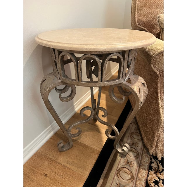 Beautiful Unique Design, Custom Made Round Rot Iron End Table, Accented in Gold colors, With Travertine Marble Top
