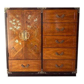 1970s Chinoiserie Campaign Style Wardrobe Armoire by Bassett For Sale