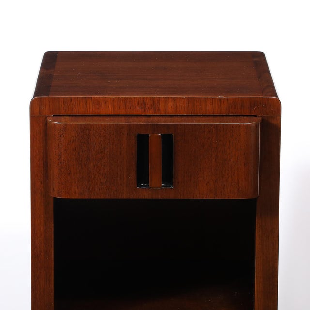 Pair of Art Deco Nightstands in Book-Matched Walnut With Black Lacquer Accents For Sale In New York - Image 6 of 11