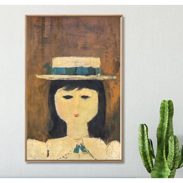 Modern Folk Art Woman With Hat Giclee Print on Canvas Framed For Sale - Image 3 of 3