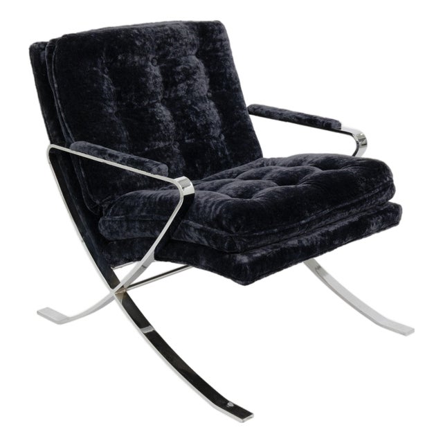 1970s Bernhardt Flair Flat Bar Chrome and Crushed Velvet Armchair For Sale