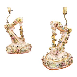 Mid-20th Century Italian Capodimonte-Style Porcelain Floral Harp Table Lamps – Pair For Sale