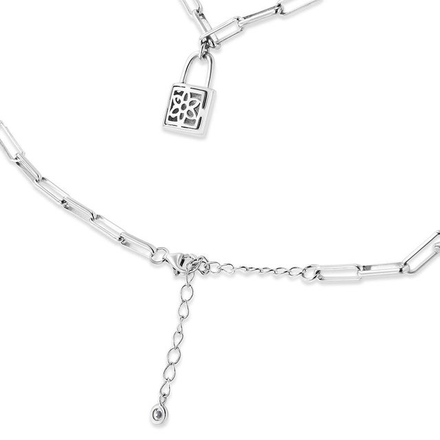 Haus of Brilliance .925 Sterling Silver 1/10 Cttw Round Diamond Lock Pendant 18" Paperclip Chin Necklace (H-I Color, SI For Sale - Image 4 of 7