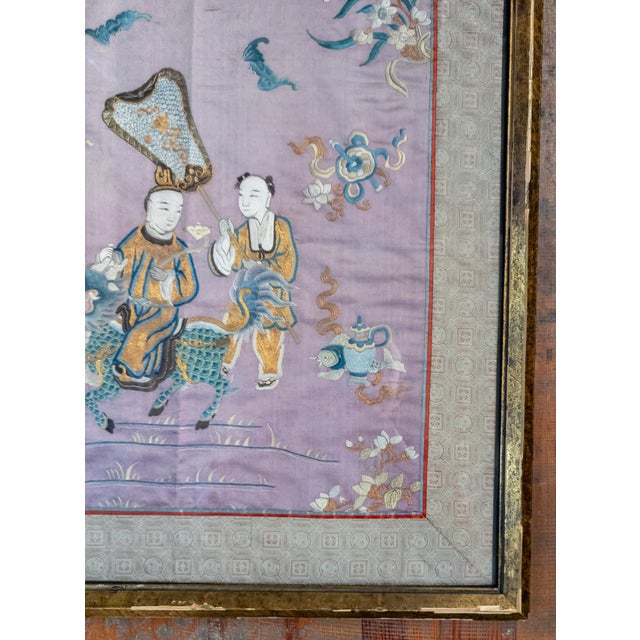 19th Century Chinese Fine Silk Embroidered Panel With Figures on Purple Ground For Sale In New York - Image 6 of 16