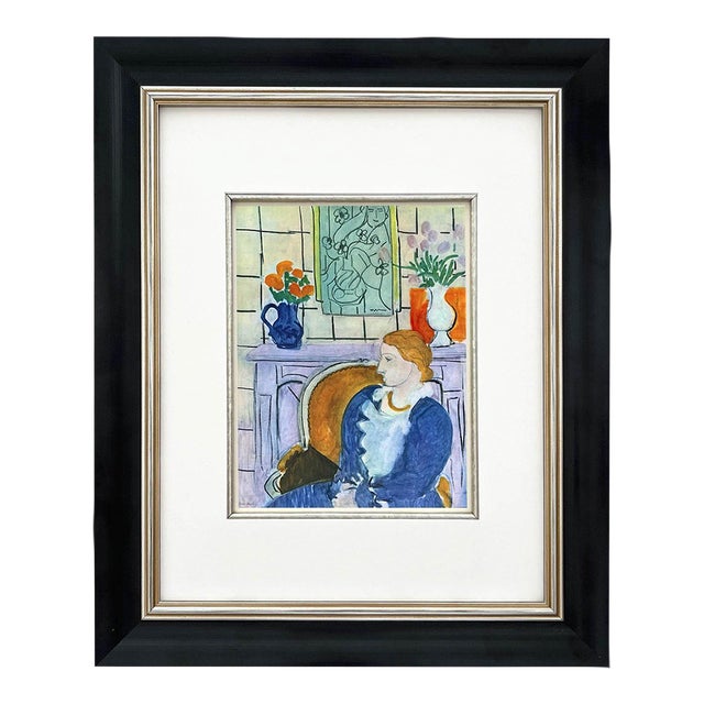 1940s Matisse 18 Blue Dress in Ochre Arm-Chair Framed For Sale
