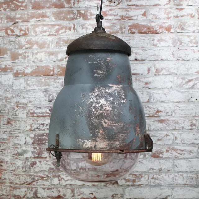 Metal Vintage French Industrial Round Gray Metal Glass Pendant Light from Philips For Sale - Image 7 of 8