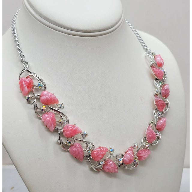 Metal Vintage 1950s Rhodium Plated Pink Tutti Frutti Leaf Necklace For Sale - Image 7 of 8