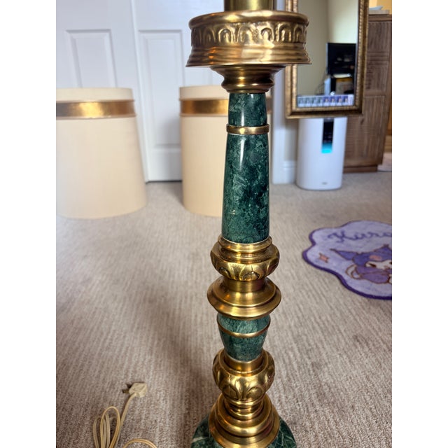 Beautiful pair of green marble and brass table lamps. I have more pictures, shades and bulbs are included, they have 3...