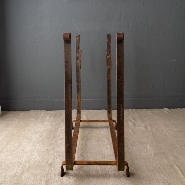 Brown Large Hammered Steel Firewood and Kindling Rack With Rustic Patina For Sale - Image 8 of 16