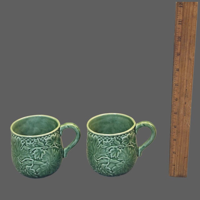 Bordallo Pinheiro Vintage Bordallo Pinheiro Portugal Green Vine Leaf Mugs Coffee Tea Cups - Pair For Sale - Image 4 of 7