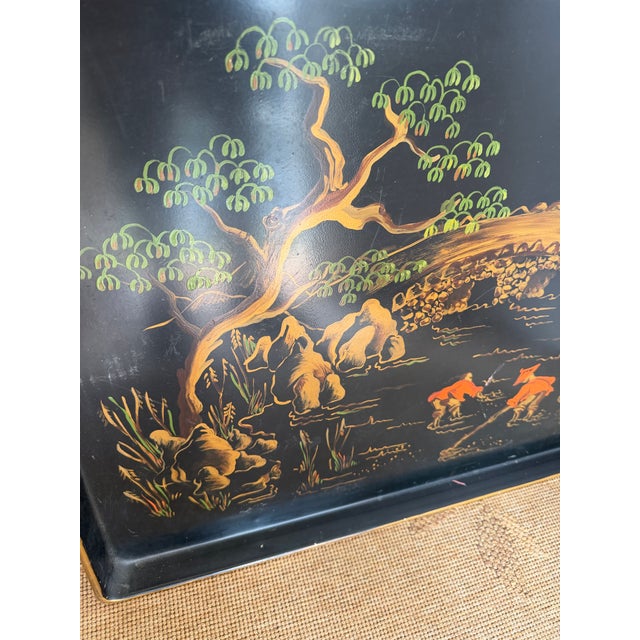 Large Vintage Chinoiserie Hand-Painted Metal Tray For Sale - Image 4 of 7