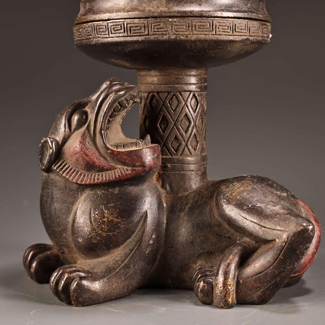Vintage Solid Copper Censer, High Relief Painted Mythical Beast Base & Pierced Dragon Lid, Chinoiserie Incense Burner For Sale - Image 9 of 10