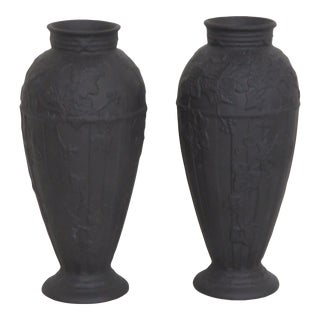 Wedgwood England Black Basalt Ivy Vines Decoration Vases a Pair For Sale