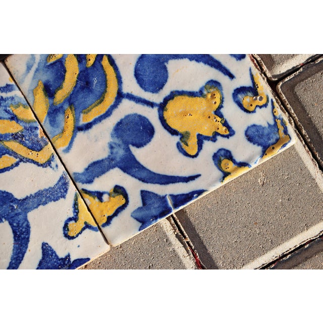 1850s Antique Portuguese Earthenware Tiles Cobalt Blue & Mustard Yellow For Sale - Image 6 of 8
