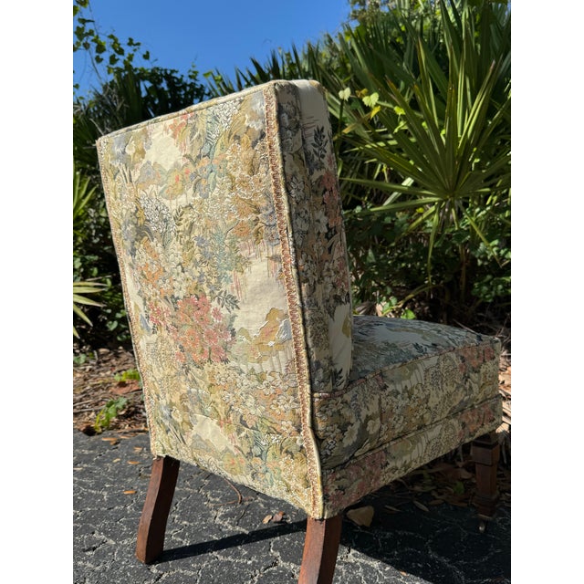 Vintage Floral Upholstered Slipper Chair | Armless Accent Chair With Carved Wood Legs For Sale - Image 4 of 11