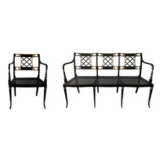 Vintage Cained Bench and Chair Set Sheraton Style For Sale
