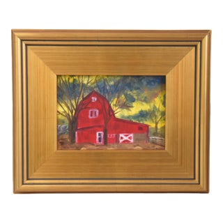 Farmhouse Rustic Red Barn Landscape Oil Painting Including the Antiqued Gold Wood Frame For Sale