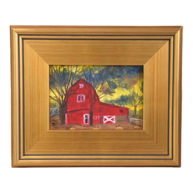 Farmhouse Rustic Red Barn Landscape Oil Painting Including the Antiqued Gold Wood Frame For Sale