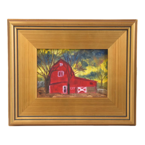 Farmhouse Rustic Red Barn Landscape Oil Painting Including the Antiqued Gold Wood Frame