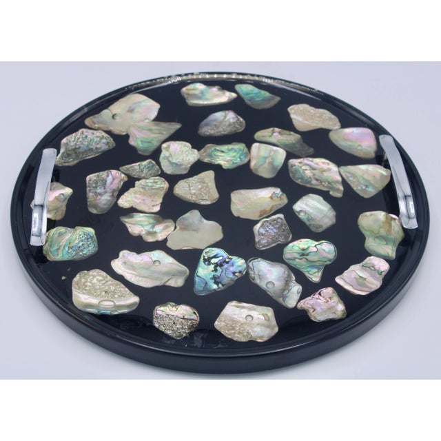 1970s Vintage Mid Century Modern Abalone Shell and Lucite Circular Tray With Handles For Sale - Image 5 of 10