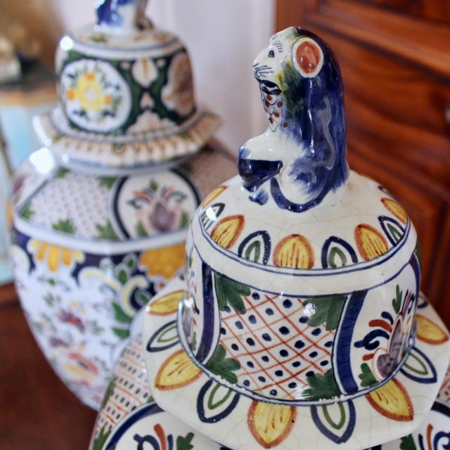 Large Delft Polychrome Covered Jars With Lion Finials- a Pair For Sale - Image 4 of 13