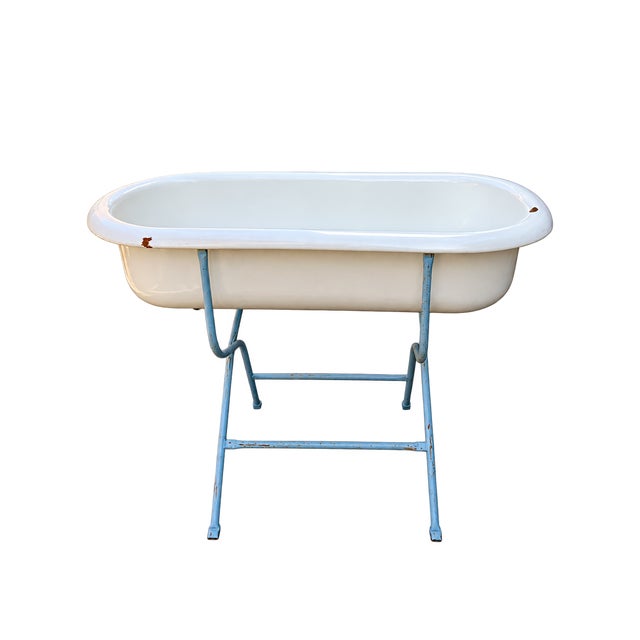 Vintage Hungarian Enamel Bathtub with Pale Blue Metal Stand Charming compact vintage bathtub made in Hungary, featuring a...