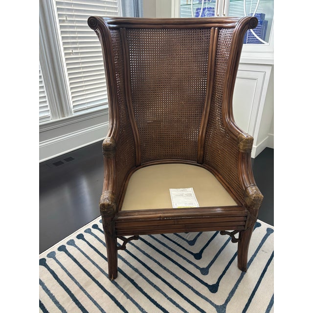 2000 - 2009 Lane Venture Carved Faux Bamboo Handwoven Caning Wingback Chair Usa For Sale - Image 5 of 11