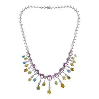 25 Carat Multi-Color Aquamarine and Diamonds Necklace 18 Karat White Gold For Sale