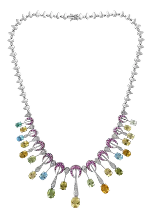 25 Carat Multi-Color Aquamarine and Diamonds Necklace 18 Karat White Gold