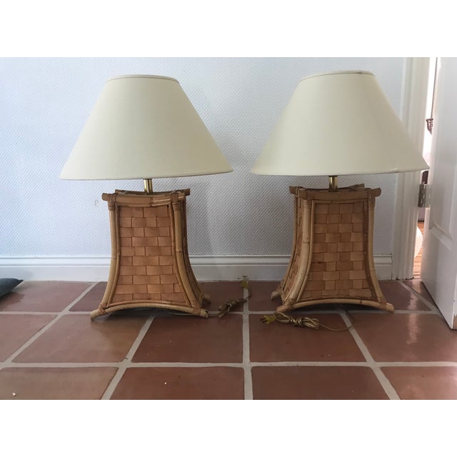 Wood 1970s Bamboo and Leather Strap Lamps - a Pair For Sale - Image 7 of 7