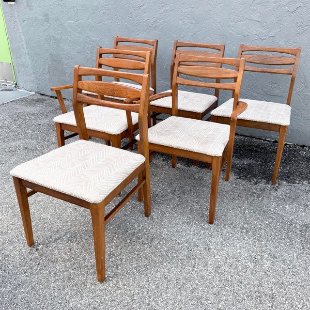 This set of six mid century modern wooden dining chairs brings clean Scandinavian-inspired lines and warm natural...
