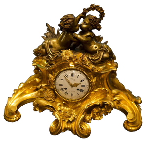 Antique French Louis XV Style Figural Mantel Clock in Gilt Bronze