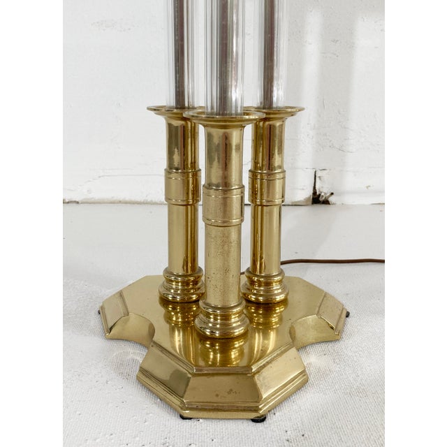 Metal Vintage Brass and Lucite Chapman Three Pillar Table Lamp For Sale - Image 7 of 8