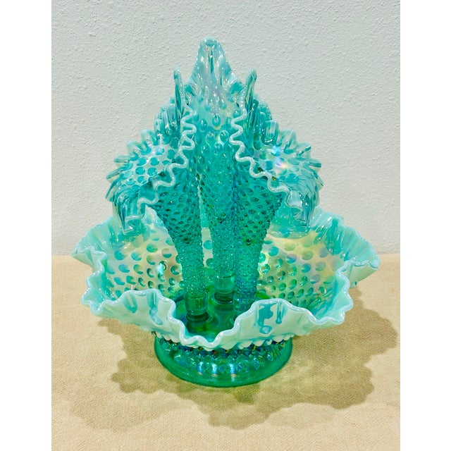 Art Deco Vintage Fenton Hobnail Opalescent Sea Green Turquoise 3 Horn Epergne For Sale - Image 3 of 10