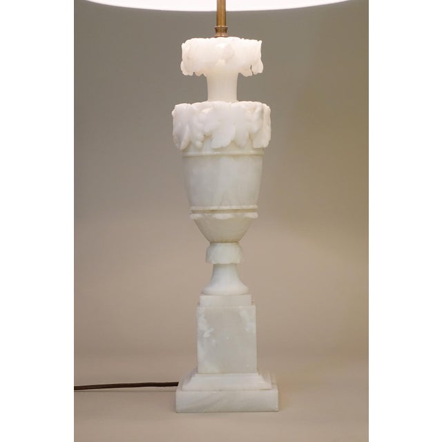 Alabaster 1930s XL Neoclassical Carved Urn Grapes Leaves Alabaster Marble Brass Table Lamp Italy For Sale - Image 8 of 13