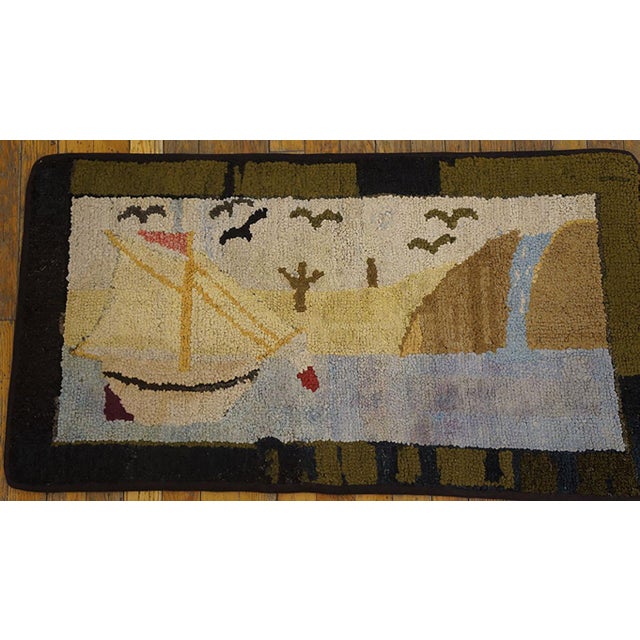 1920s Ivory Sea View Antique American Hooked Rug 1'10" X 3'4" Handknotted Wool Carpet For Sale In New York - Image 6 of 6