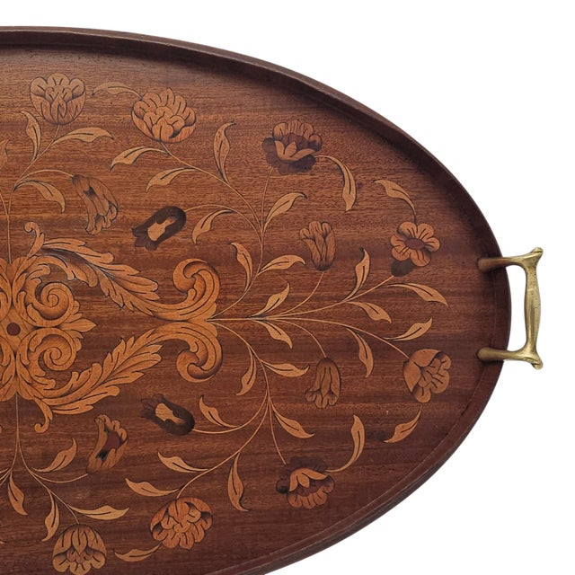 Monumental English Butler's Gallery Tray Edwardian Ornate Inlay Mahogany 27" For Sale - Image 13 of 14