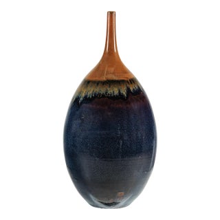 Large Artisan Ceramic Vase in Midnight Blue with Brown Tapered Neck For Sale