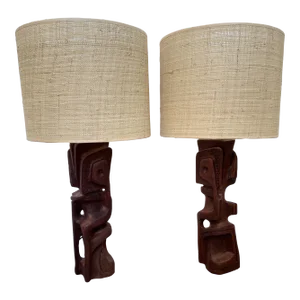 1970s Wood Sculpture Lamps by Gianni Pinna, Italy - a Pair