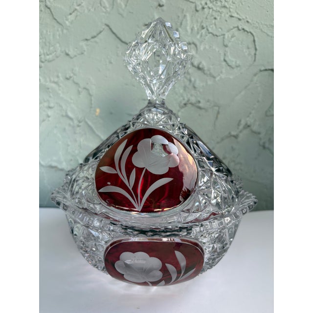 Late 20th Century Vintage German Hofbauer Ruby Flashed & Etched Lead Crystal Covered Candy Dish With Rose Motif For Sale - Image 5 of 11