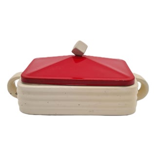 Ceramic Butter Dish with a Red Metal Lid, 1950s For Sale